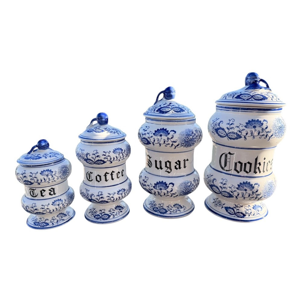 Vintage Arnart Blue Onion Canister Set 4 Piece Ceramic Japan White Blue Floral
